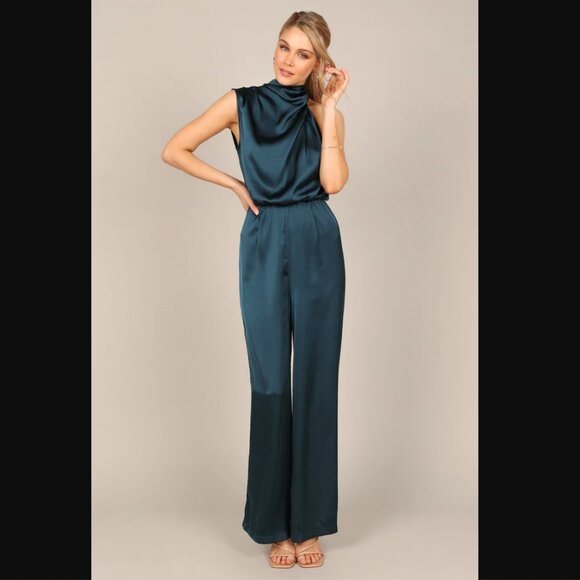 πPRICE DROPπ Petal & Pup Savannah Peacock Teal Satin One Shoulder Jumpsuit XL π¦ - Picture 8 of 12